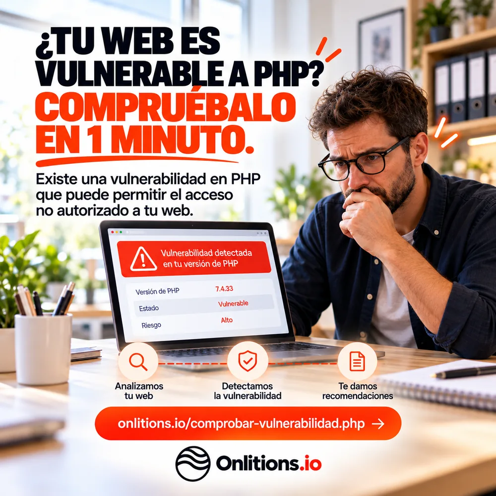Un hombre preocupado mira el portátil, que muestra «Vulnerabilidad detectada en tu versión de PHP: 7.4.33, vulnerable, riesgo alto». Texto: «¿Tu web es vulnerable a PHP? Compruébalo en 1 minuto.»